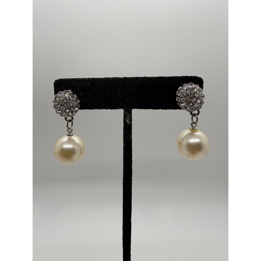 Silver Tone Pave Rhinestone Dome and Faux Pearl Drop Earrings for Women